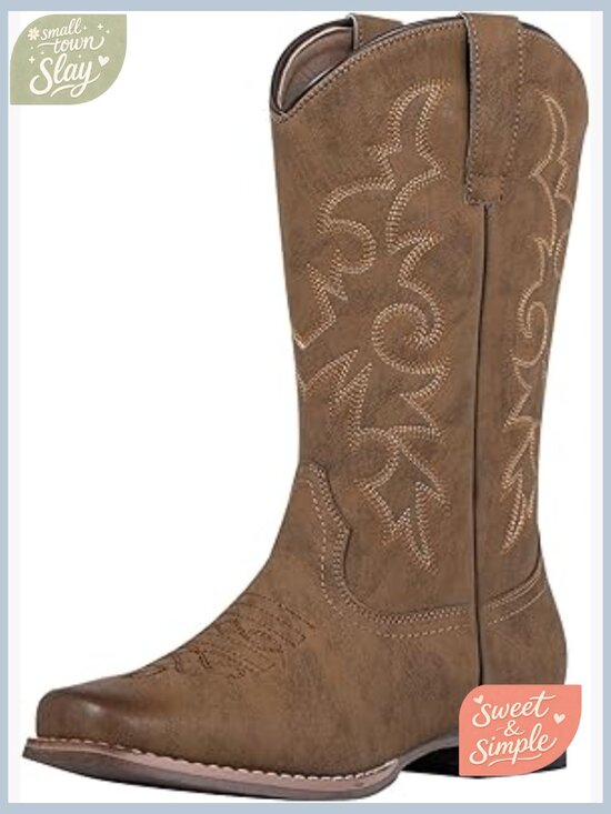Shoes - Vintage Western Embroidered Square Toe Cowgirl Boots Mid Calf
